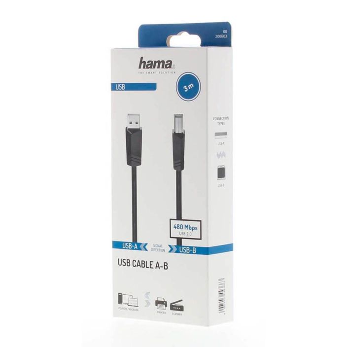 Hama USB 2.0 A-B 3m Hama USB 2.0 A-B 480 Mbit/s kaapeli sisaisilla kuparisilla johdoilla nopeaan tiedonsiirtoon ja