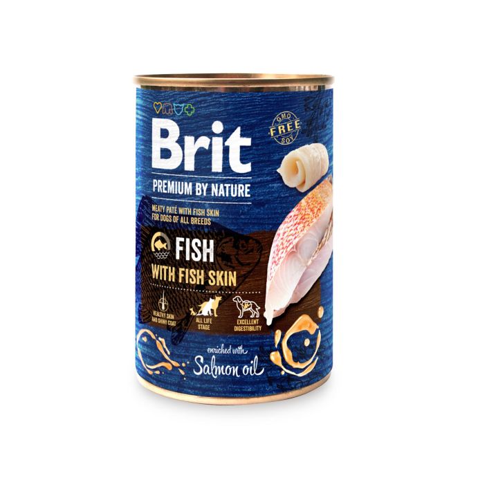 Brit Premium kala-kalannahka 400g Taysravintoa koiran paivittaiseen ruokintaan. Lohioljya turkin ja ihon hyvinvoinnin