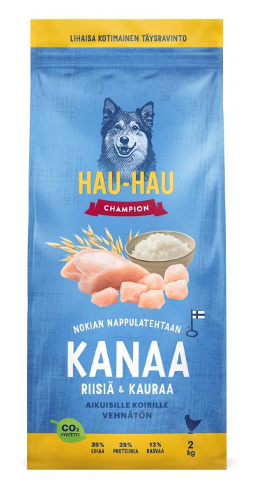 HHC kanaa riisia ja kauraa aikuisille koirille 2kg Maistuva ja lihaisa resepti joka on 100% kotimaista kanaa ja kauraa ja