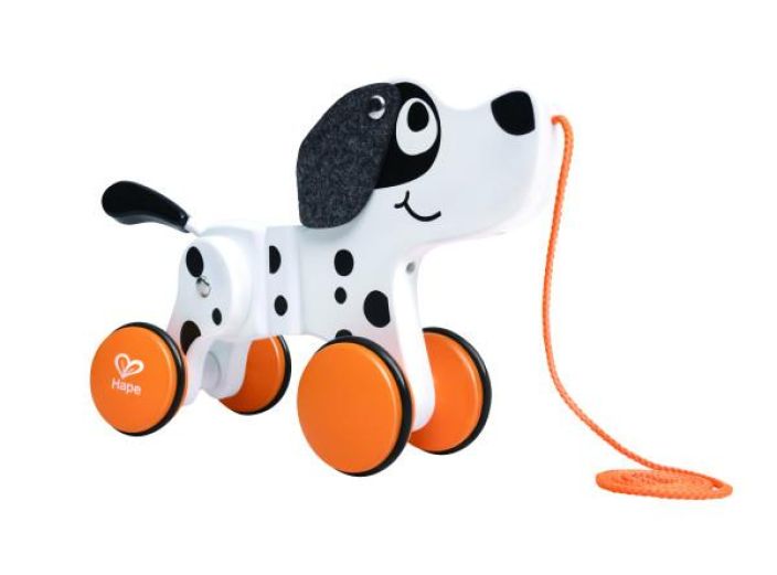 Hape dalmatiankoira vetolelu Hellyttava puinen koira, jonka vartalo ja hanta heiluvat sita vedettaessa.