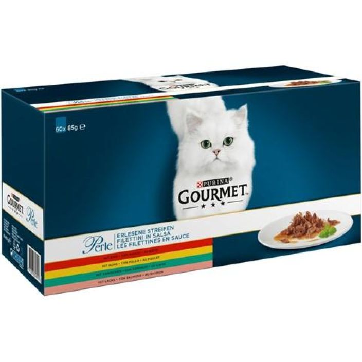 Gourmet Perle Mini Filets kastikkeessa 60x85g Aikuisen kissan taysravinto. Tarkkaan valittuja raaka-aineita, jotka