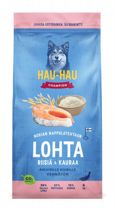 HHC Lohta riisia ja kauraa aikuisille koirille 6kg Maistuva ja ravitseva koiran kuivaruoka, valmistettu Suomessa Nokialla.