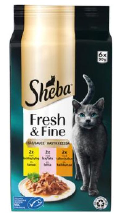 Sheba Fresh&amp;Fine kana, kalkkuna, lohta kastikeessa 6x50g 472945 905-2070