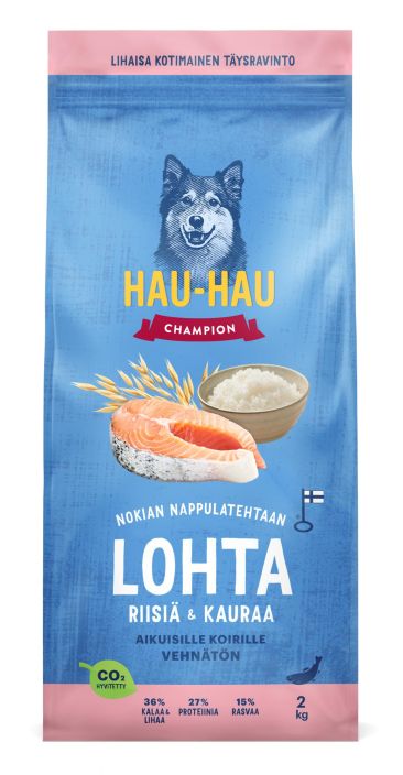HHC Lohta riisia ja kauraa aikuisille koirille 2kg Maistuva ja ravitseva koiran kuivaruoka, valmistettu Suomessa Nokialla.