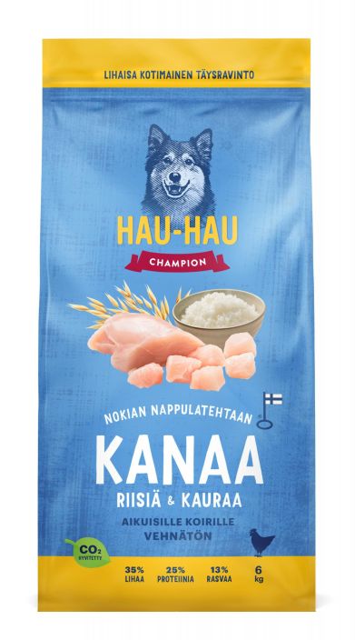HHC kanaa riisia ja kauraa aikuisille koirille 6kg Maistuva ja lihaisa resepti joka on 100% kotimaista kanaa ja kauraa ja