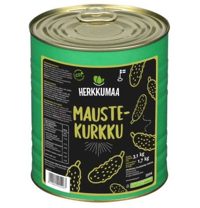 Herkkumaa maustekurkku 3,1/1,7kg Herkkumaa maustekurkku isossa peltipurkissa.
