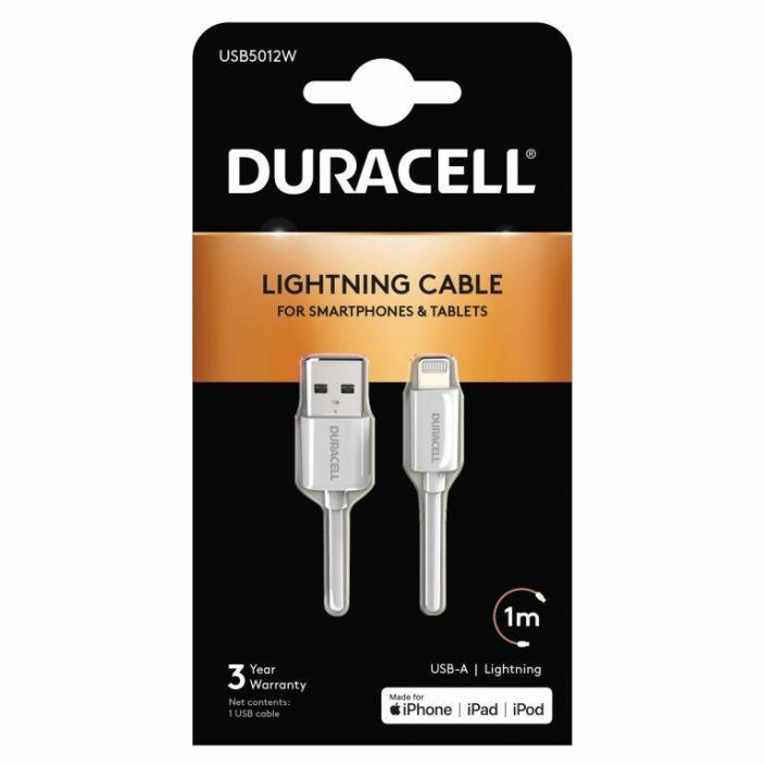 Kaapeli Lightning 1m valk. Duracell USB5012W 978-083