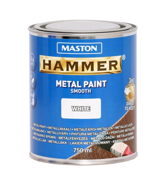 Maston hammer silea valkoinen 750ml Maston hammer smooth metallimaali jossa ruosteenesto-, pohjamaali- ja pintamaali yhdessa