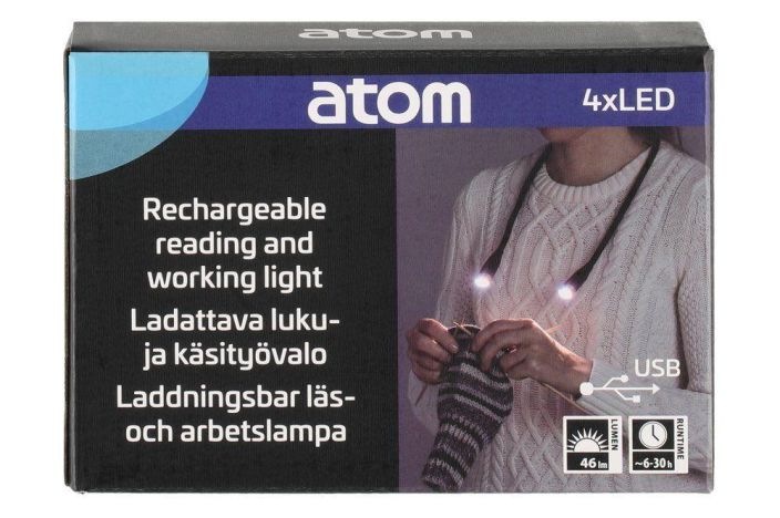 Atom Luku- ja kasityovalo 4xLED ladattava Kevyt luku- ja kasityovalo asetetaan roikkumaan niskan kautta ympari, tuote ei