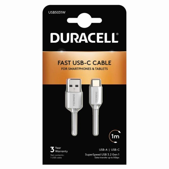 Kaapeli A to C USB 3.0 1m valk. Duracell USB5031W 978-088 USB-C 1m valk.