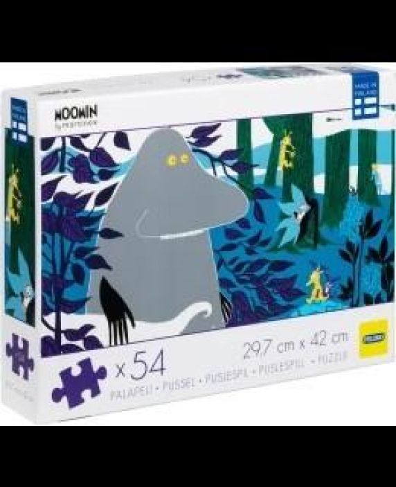 Muumi morko metsassa 54 palaa 54 palan palapeli, jonka kuvassa hyinen Morko on kavelylla tummassa metsassa.