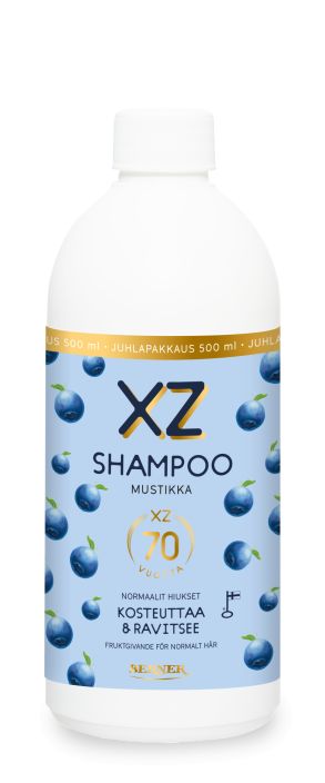 XZ Mustikka shampoo 500ml juhlapakkaus XZ Mustikka shampoo kosteuttaa ja hoitaa hiuksia.