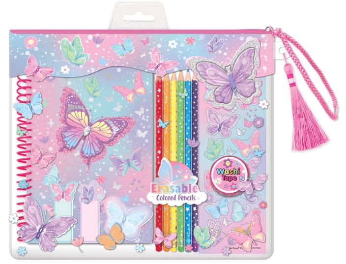 Perhoset muistivihko ja kynat Vetoketjullinen sailytyspussi taynna ihania kirjoitus- ja piirustustarvikkeita! Perhoset muistivihko ja kynat Vetoketjullinen sailytyspussi taynna ihania kirjoitus- ja piirustustarvikkeita!