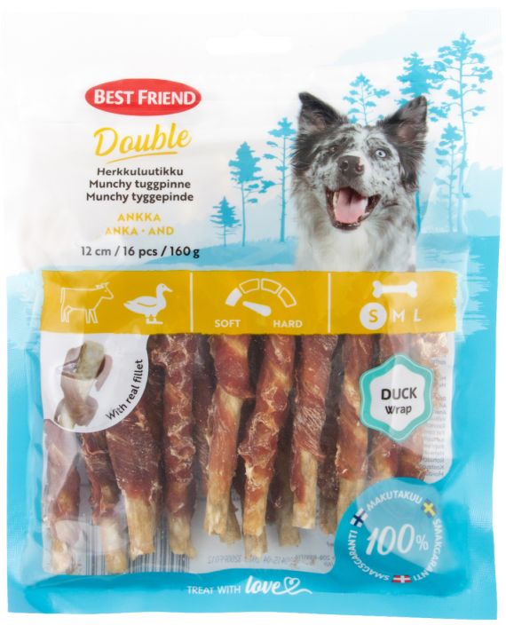 BF Double herkkuluutikku ankka 12cm 16kpl 160g Best Friend Double herkkuluutikku kaarittyna aitoon ankkafileeseen on oiva