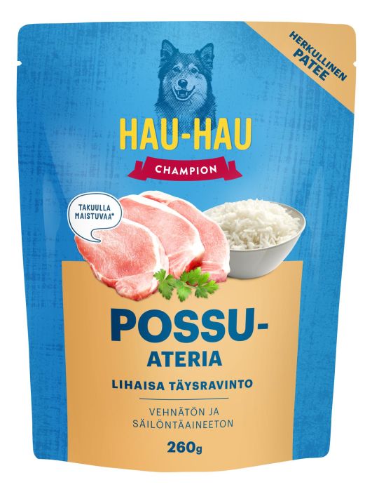 HHC Possuateria 260g Vehnaton koiran taysravinto, valmistettu tuoreesta lihasta. Ei keinotekoisia vari- ja makuaineita,