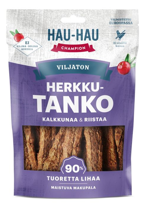 HHC viljaton herkkutanko kalkkuna &amp; riista 90g Sisaltaa 90 % tuoretta lihaa. Viljaton, ei soijaa tai lisattya sokeria.