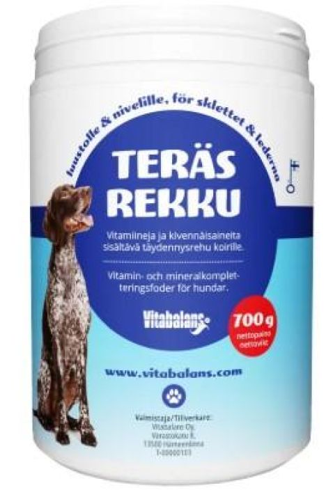 Terasrekku 700g Vitamiineja ja kivennaisaineita sisaltava taydennysrehu koirille.
