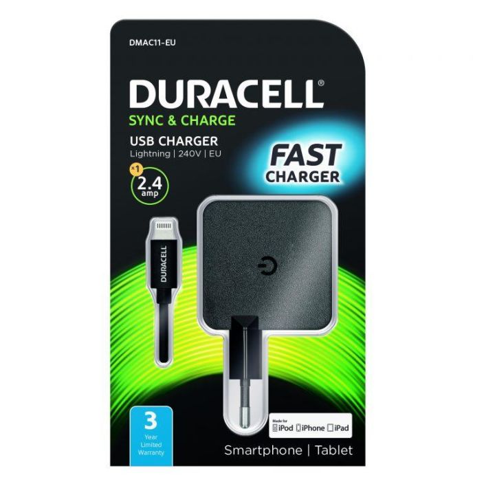 Seinalaturi ja kaapeli lightning 2.4A 1m musta Duracell DMAC11-EU 978-085