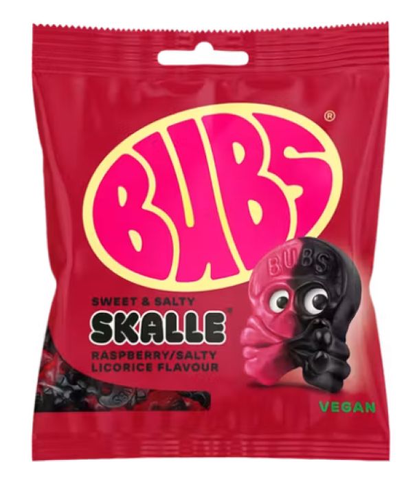 BUBS Raspberry Salty Licorice Skalle 155g BUBS Raspberry Salty Licorice Skalle 155g