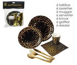 Kertakäyttöastiasetti 6hlö musta/kulta