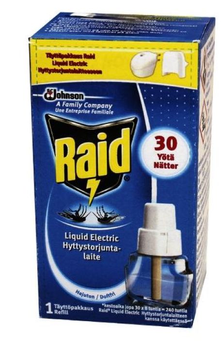 Raid Liquid Electric taytto 2106 Tayttopakkaus Raid Liquid Electric hyttyskarkottimeen.