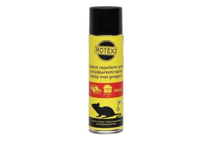 Rotex-2 Jyrsijakarkoitespray 500ml Tehokas jyrsijakarkotespray toimii hyvin rottia, hiiria ja muita jyrsijoita vastaan.