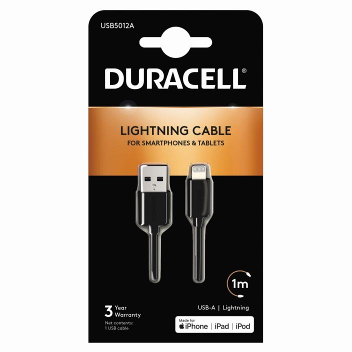 Kaapeli Lightning 1m musta Duracell USB5012A 978-082 Lightning 1M musta