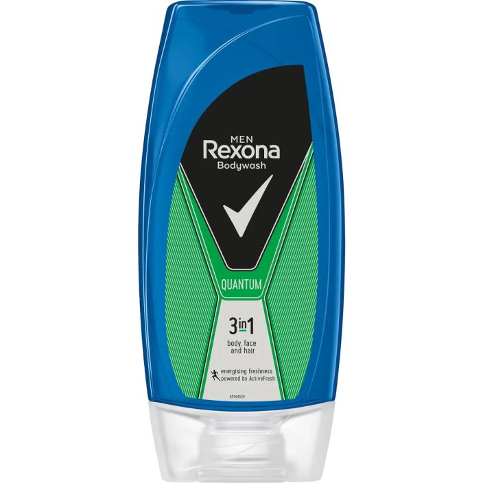 Rexona Men Suihkusaippua Quantum 2-in-1 225ml Rexona Men Quantum 3in1 on energisoiva ja virkistava suihkusaippua ja shampoo