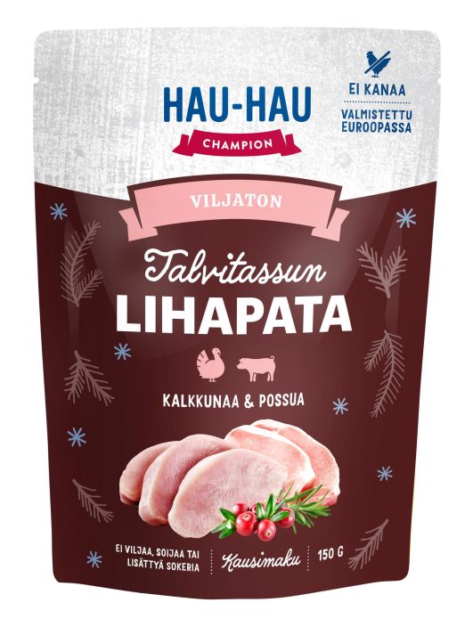 HHC Viljaton ateria kalkkunaa ja possua 150g Hau-Hau Champion Viljaton ateria kalkkunaa ja possua on maukkaan lihaisa koiran
